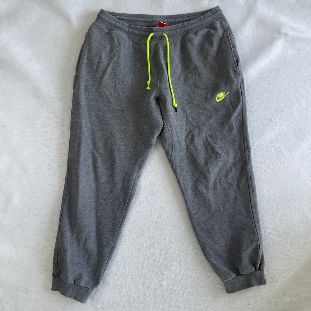 Nike Sweatpants Mens L Gray Neon Green Drawstring Fleece Joggers Pocket